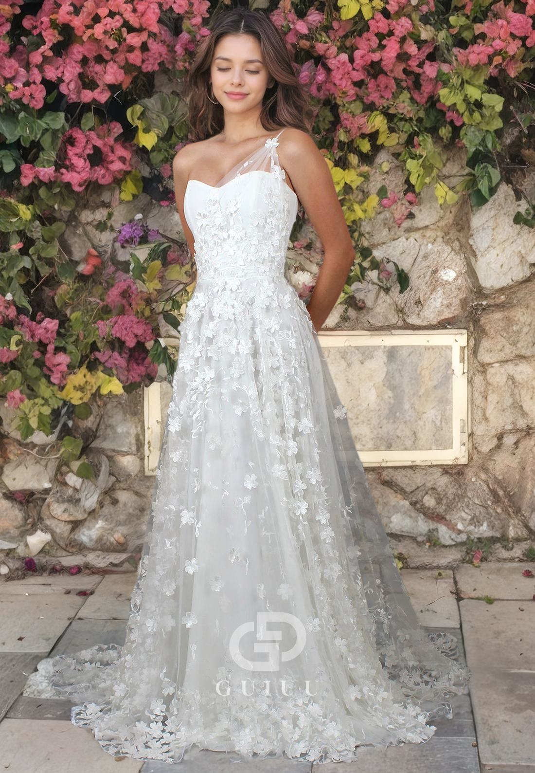 A-Line One Shoulder Sleeveless Fully Lace BackZipper Wedding Dress with Train (without Veil)