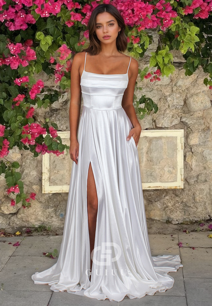 A-Line Strapless Straps Sleeveless Back Zipper Satin Wedding Dress with High Side Slit and Train