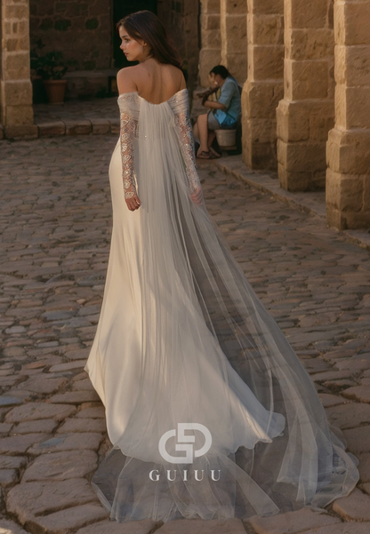 Sheath Off Shoulder Long Lace Sleeves Pleated Wedding Dress with Train