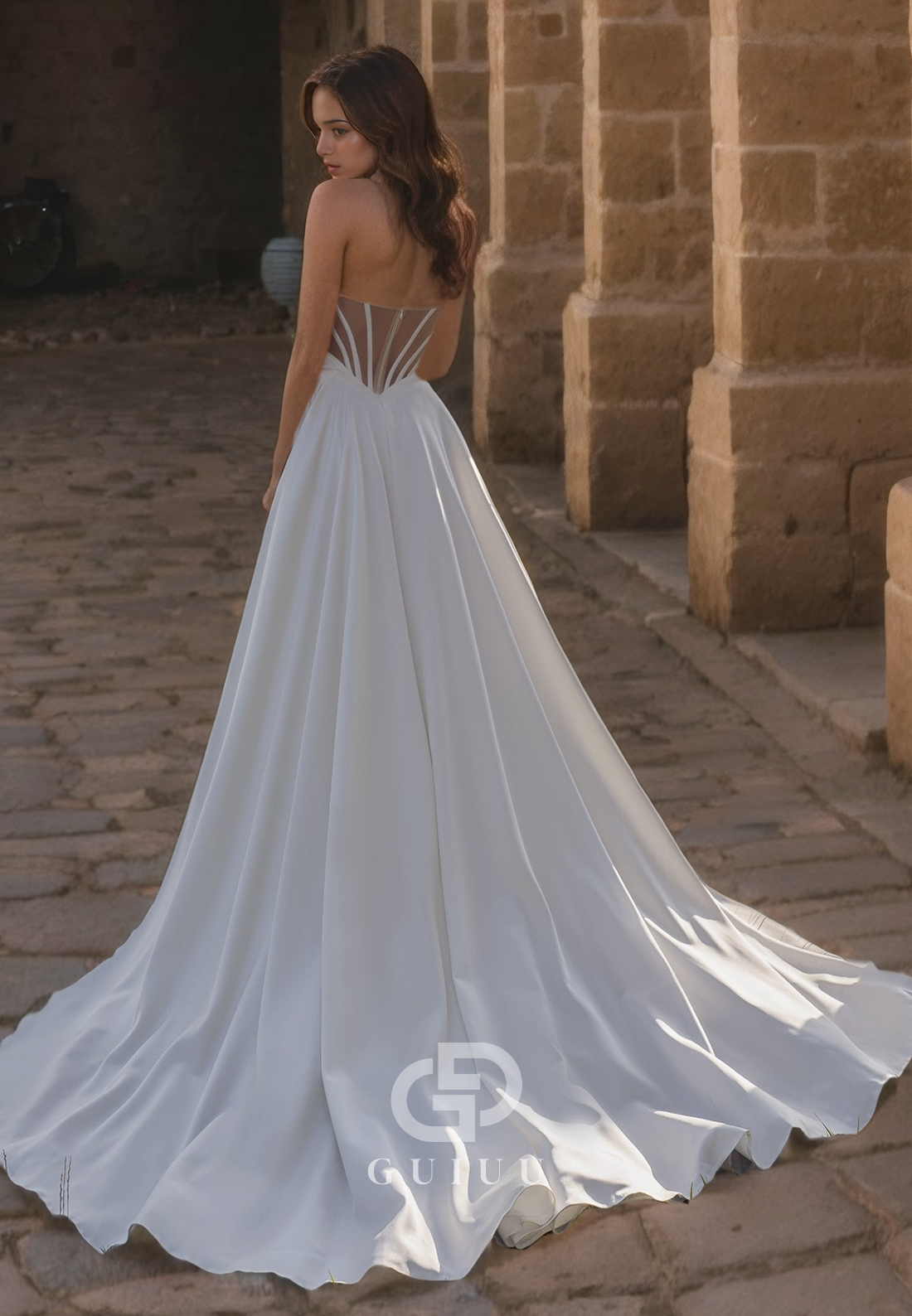 A-Line Strapless Sleeveless Pleated Back Zipper Illsion Satin Wedding Dress with High Side Slit and Train