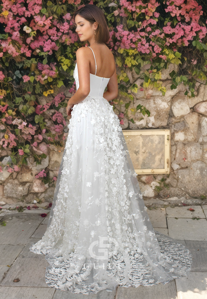 A-Line One Shoulder Sleeveless Fully Lace BackZipper Wedding Dress with Train (without Veil)