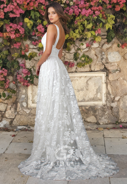 A-Line V Neck Straps Sleeveless Open Back Fuly Lace Wedding Dress with High Side Slit and Train (without Veil)