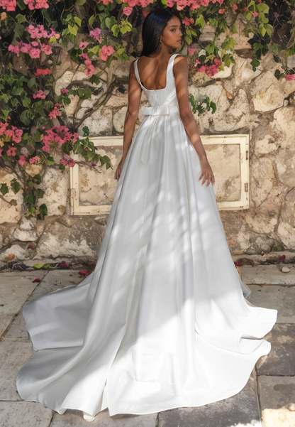 GW1019 - A-Line Square Neck Straps Sleeveless Stain Wedding Dress with Train and Bot