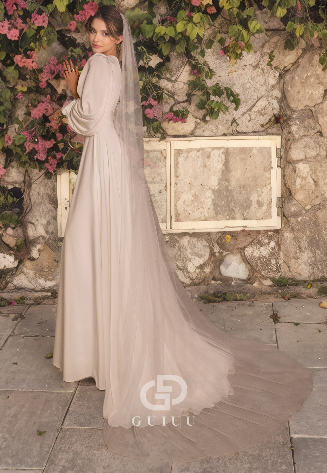 A-Line V Neck Long Lantern Sleeves Pleated Long Wedding Dress with Train