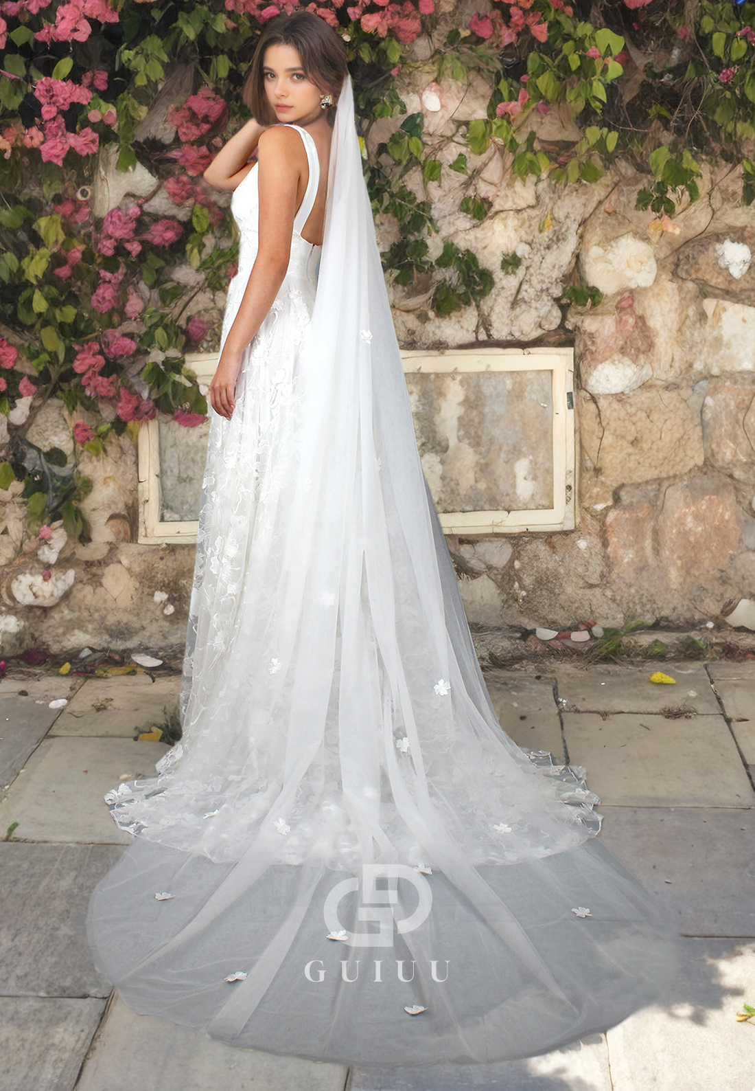 A-Line V Neck Straps Sleeveless Open Back Fuly Lace Wedding Dress with High Side Slit and Train (without Veil)