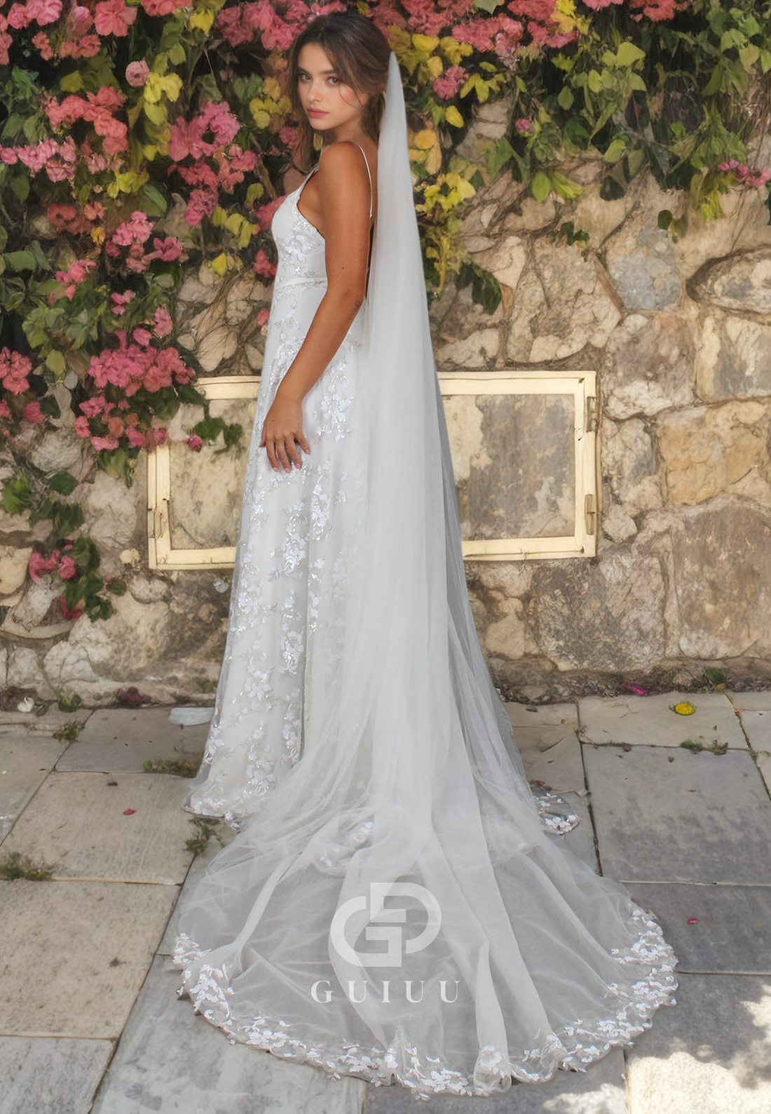 A-Line V Neck Straps Sleeveless Open Back Fully Lace Wedding Dress with High Side Slit and Train (without Veil)