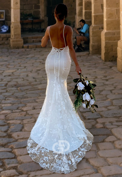 Mermaid V Neck Straps Sleeveless Open Back Fully Lace Wedding Dress with Train