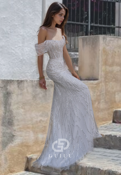 Mermaid Off Shoulder Sleeveless Fully Sequins Criss Cross Straps Wedding Dress with Train