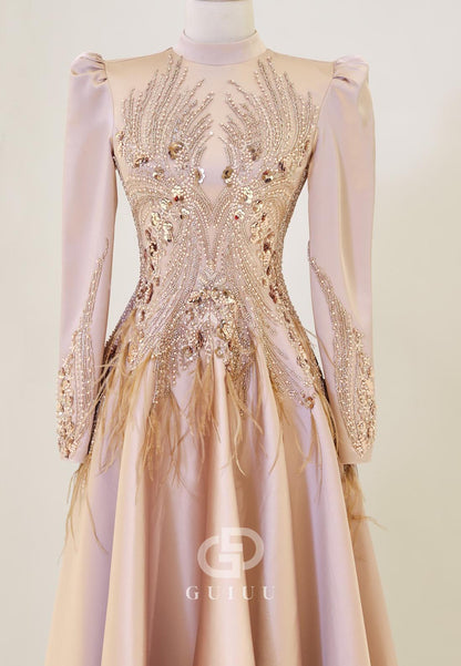 Sparkly High Neck Long Sleeves Sequins Empire-Waist Evening Dress