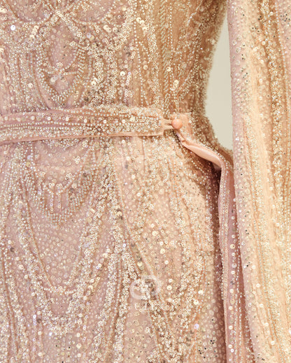 Rose Petal Long Sleeves High Neck Sequins Empire-Waist Formal Evening Dress