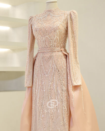 Rose Petal Long Sleeves High Neck Sequins Empire-Waist Formal Evening Dress