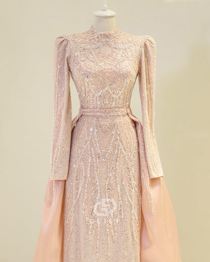 Rose Petal Long Sleeves High Neck Sequins Empire-Waist Formal Evening Dress