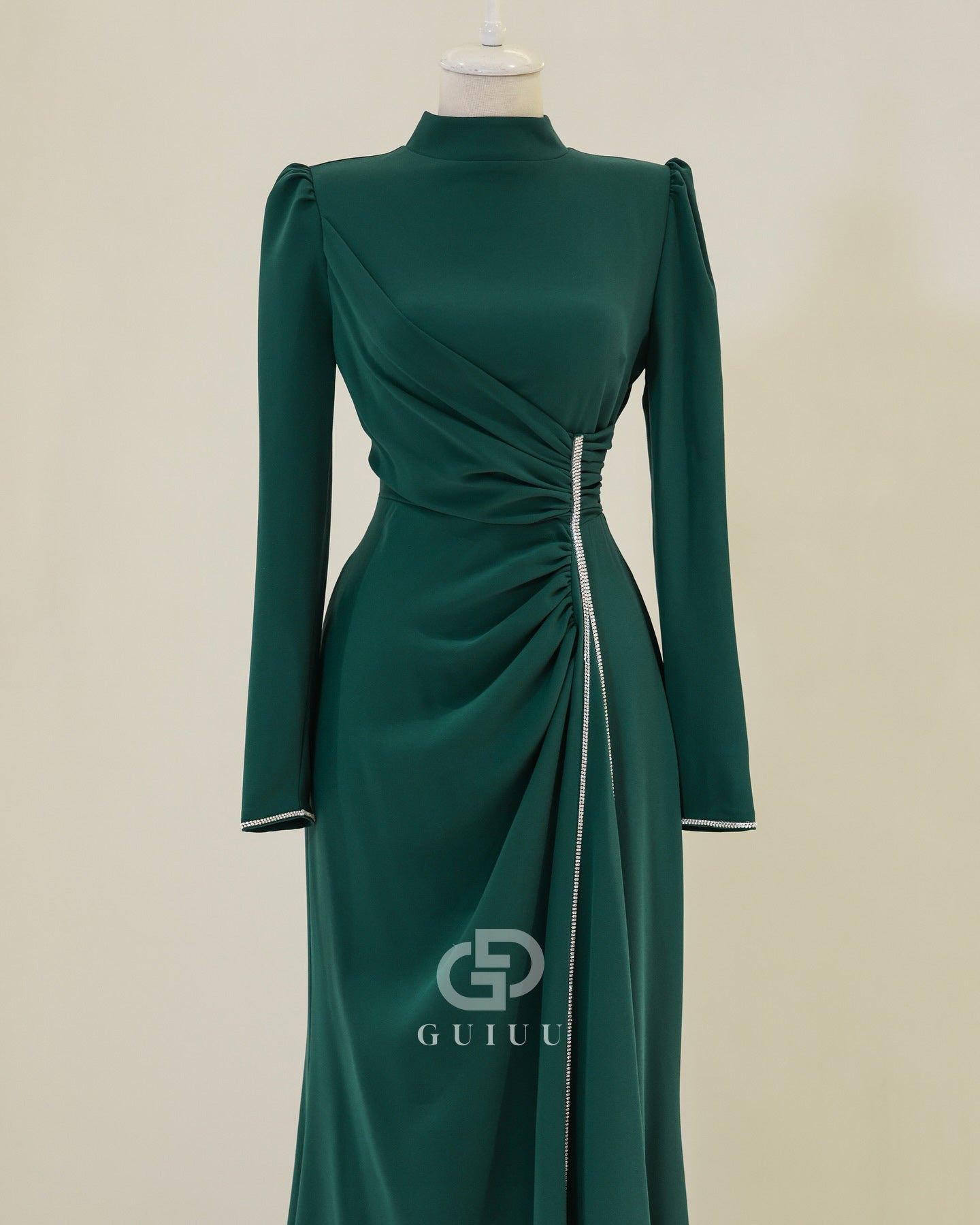 Simple A-Line High Neck Long Sleeves Ruched Formal Evening Dress