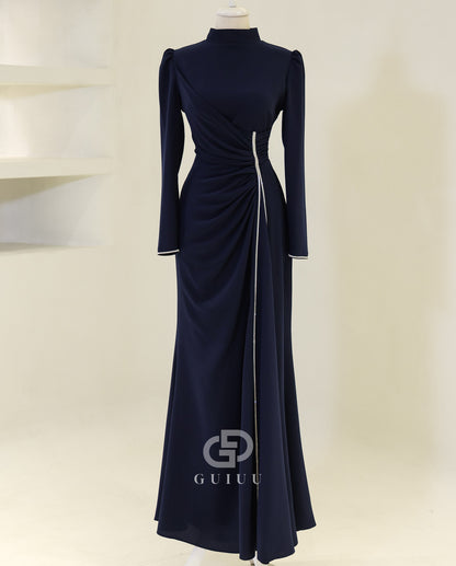 Simple A-Line High Neck Long Sleeves Ruched Formal Evening Dress