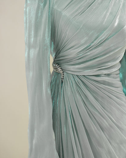 High Neck Long Sleeves Ruched Empire-Waist Formal Evening Dress