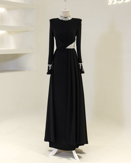 Charming A-Line High Neck Long Sleeves Beads Empire-Waist Evening Dress