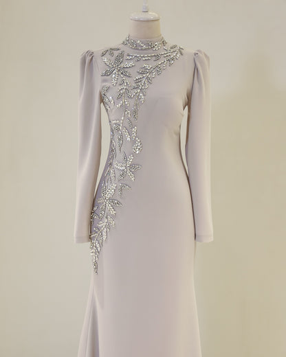 A-Line High Neck Long Sleeves Beads Formal Evening Dress