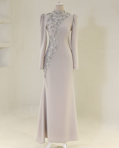 A-Line High Neck Long Sleeves Beads Formal Evening Dress