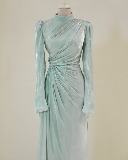 High Neck Long Sleeves Ruched Empire-Waist Formal Evening Dress