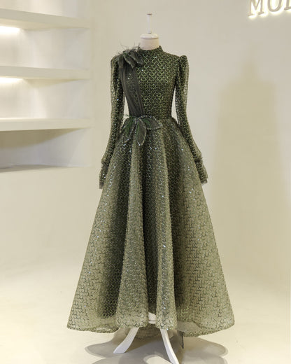 Elegant A-Line Long Sleeves High Neck Empire-Waist Evening Formal Dress