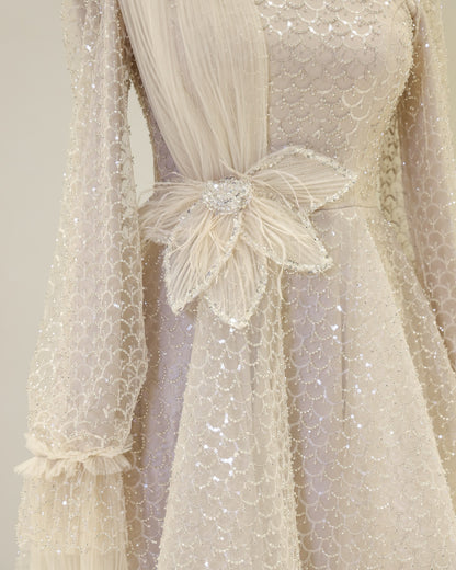 Elegant A-Line Long Sleeves High Neck Empire-Waist Evening Formal Dress