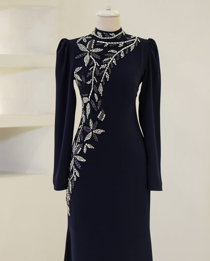 A-Line High Neck Long Sleeves Beads Formal Evening Dress