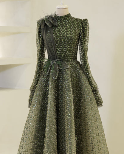 Elegant A-Line Long Sleeves High Neck Empire-Waist Evening Formal Dress