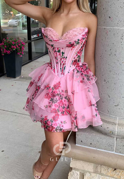 A-Line Strapless Sleeveless Ruffles Corset Homecoming Dress