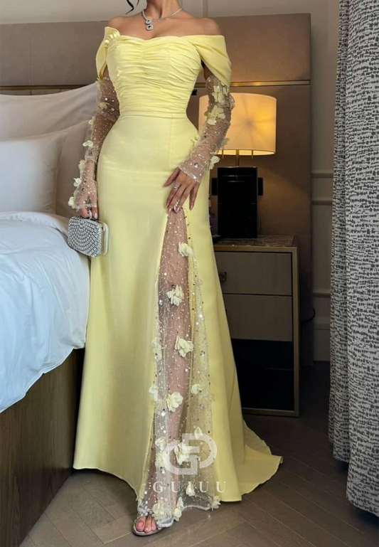 Sheath Off Shoulder Long Sleeves Formal Evening Dress with Slit