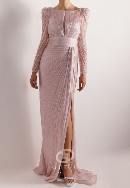Charming A-Line Long Sleeves Scoop Appliques Evening Dress