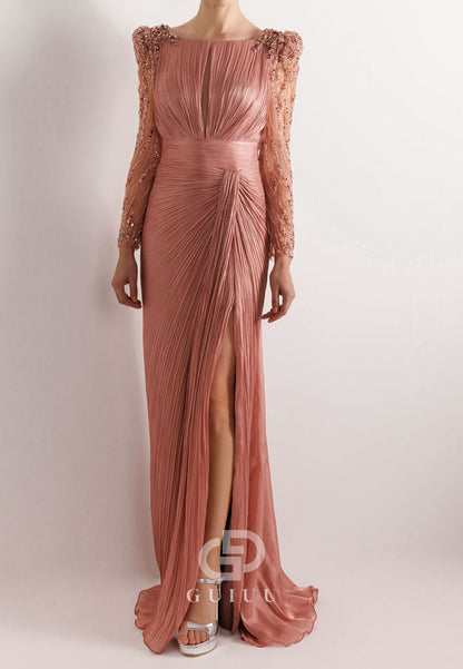 Charming A-Line Long Sleeves Scoop Appliques Evening Dress