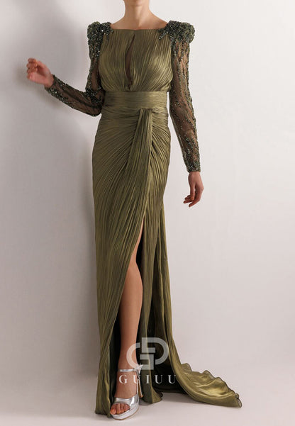 Charming A-Line Long Sleeves Scoop Appliques Evening Dress