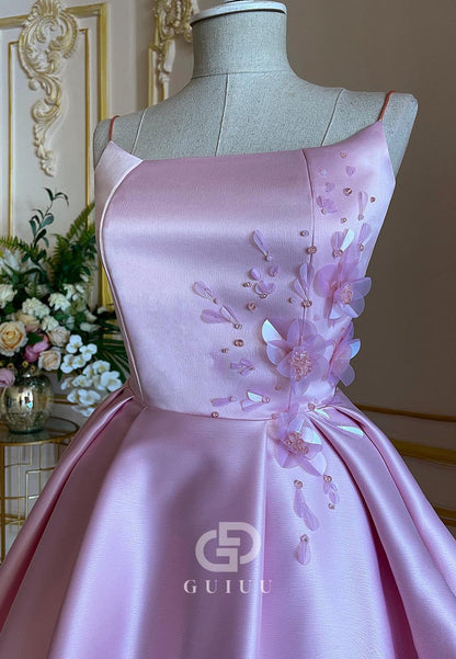 Blushing Pink Spaghetti Straps Scoop Appliques Prom Dress