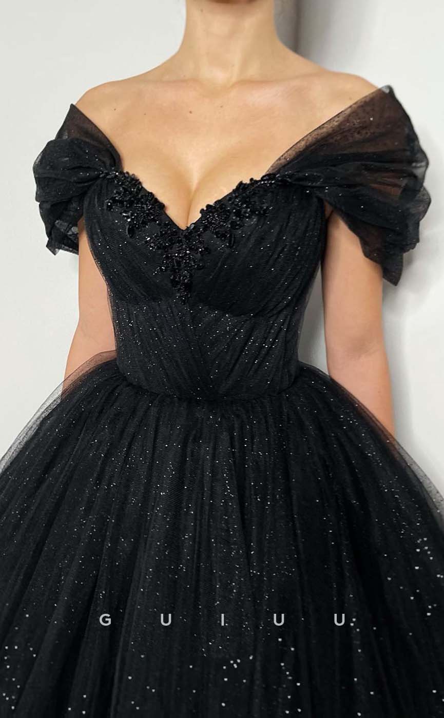 G3192 - Glitter A-Line Off-Shoulder Tulle Black Long Evening Prom Dresses