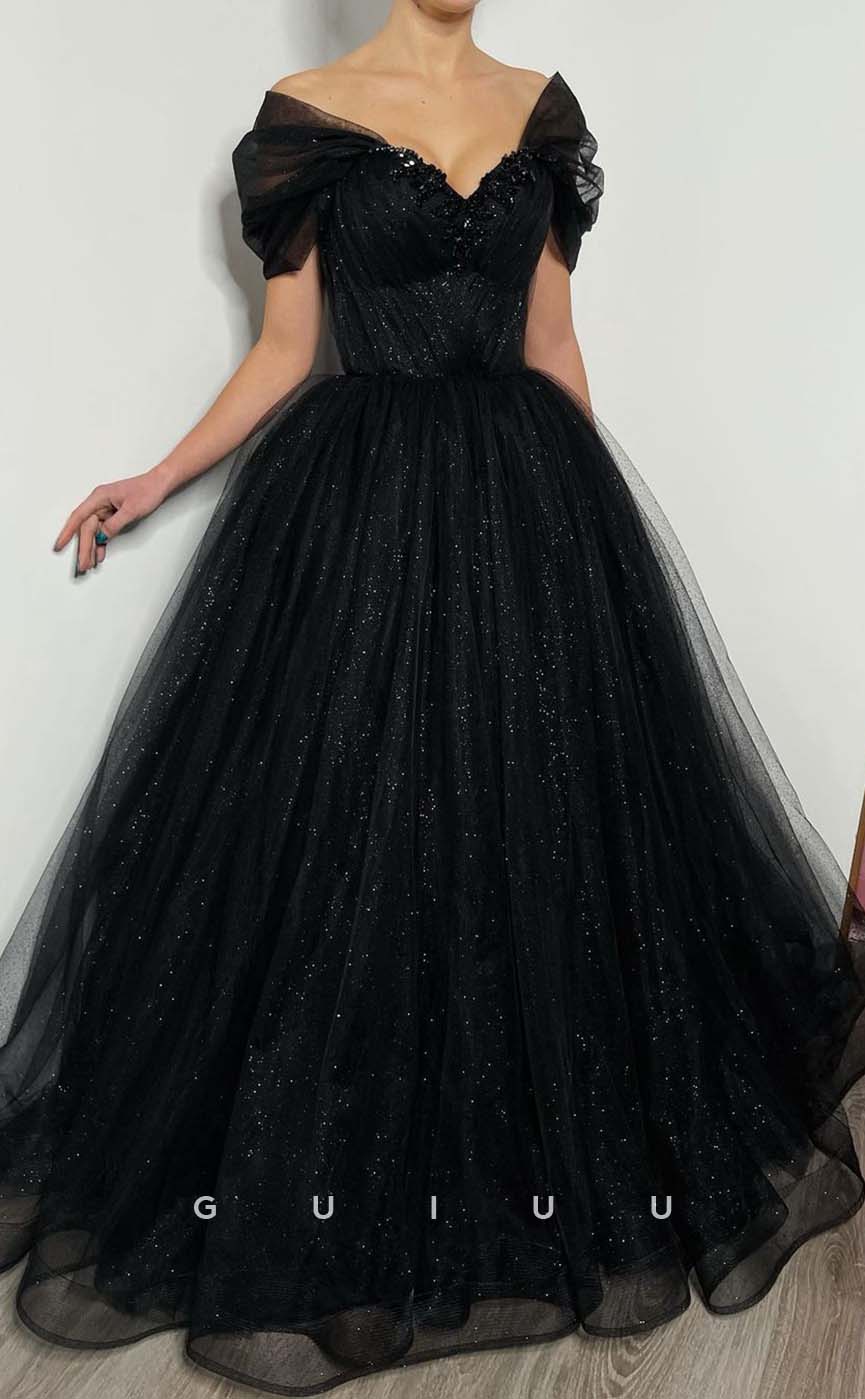 G3192 - Glitter A-Line Off-Shoulder Tulle Black Long Evening Prom Dresses