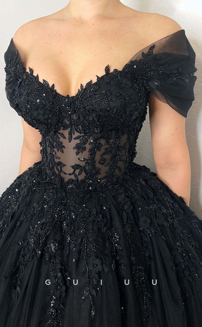 G3199 - Chic & Modern A-Line Off-Shoulder Beaded Applique Long Formal Prom Dresses