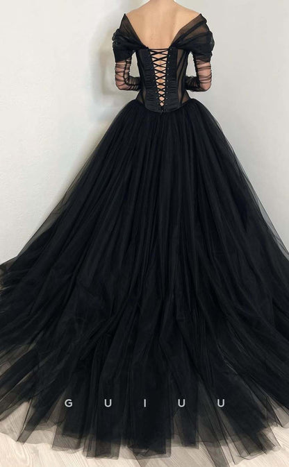 G3190 - A-Line Off-Shoulder Illusion Tulle Ball Gown Evening Gown Prom Dresses