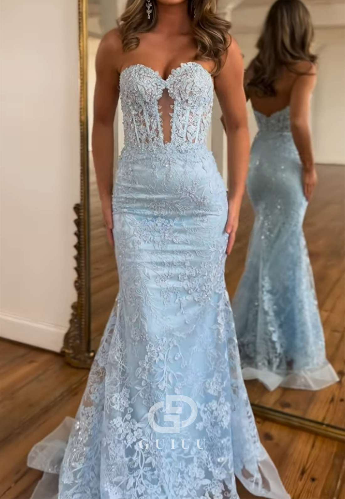 Sheath Strapless Sleeveless Fully Appliques Long Prom Dress with Train