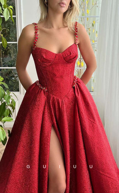 G3186 - Chic & Modern vA-Line Strapless Red Long Formal Prom Dresses With Slit