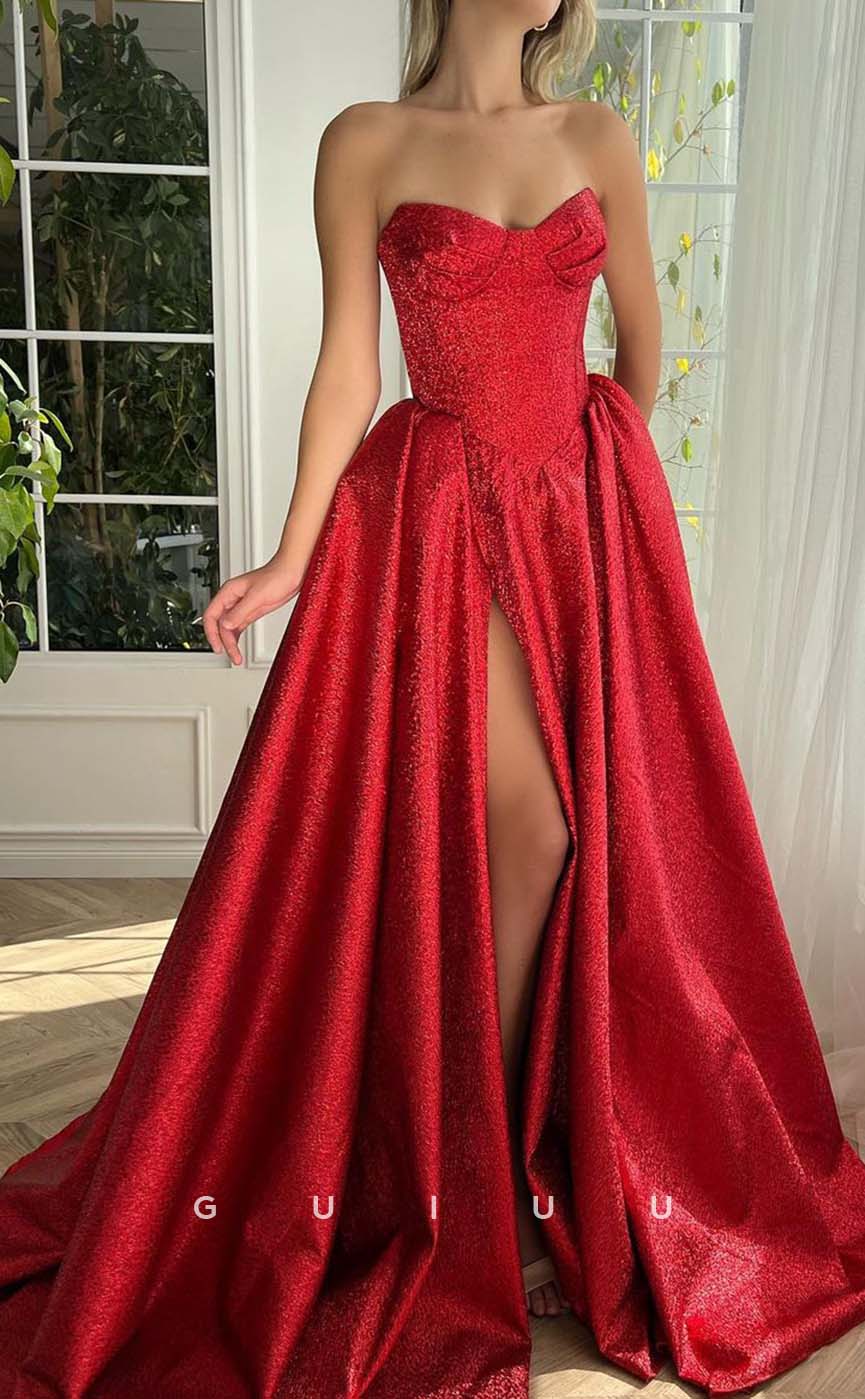 G3186 - Chic & Modern vA-Line Strapless Red Long Formal Prom Dresses With Slit