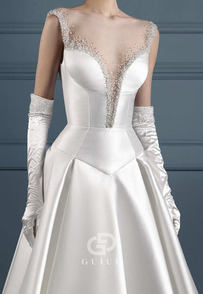 Elegant Scoop Half Sleeves Sequins A-Line Wedding Dress