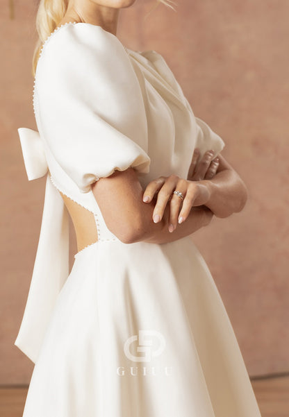 Elegant Short Sleeves Scoop Bowknot Wedding Dress