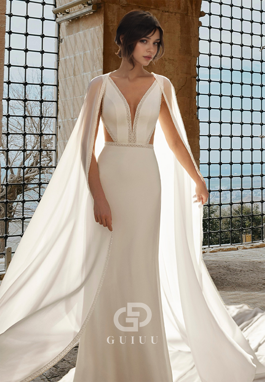 Simple Spaghetti Straps V-Neck Backless Empire-Waist Sweep Train Satin Wedding Dress