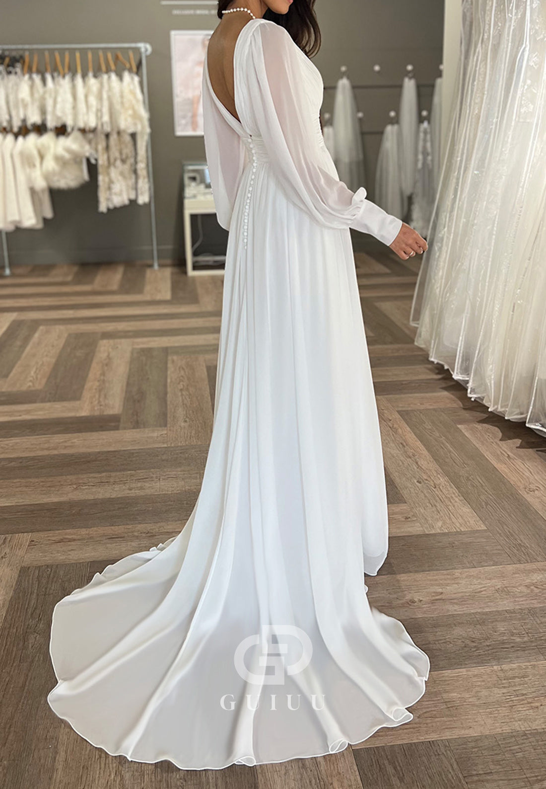Simple Long Sleeves V-Neck Slit Chiffon Wedding Dress