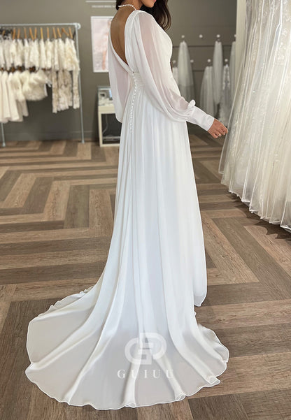 Simple Long Sleeves V-Neck Slit Chiffon Wedding Dress
