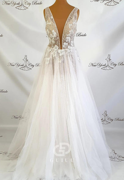 Charming Spaghetti Straps V-Neck Corset Tulle Lace Wedding Dress